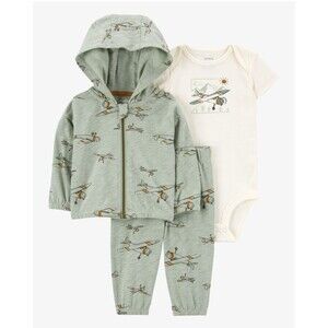 Carter’s Baby 12M Hooded Jacket Pants Bodysuit Set Green Airplane Spring Outfit